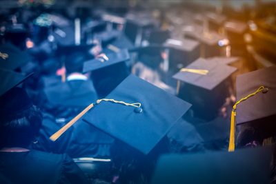 Graduation caps at graduation ceremony