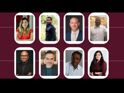 Eight headshot images of men and women