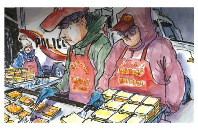 An illustration of Cheesy Nights volunteers grilled grilled cheese sandwiches.