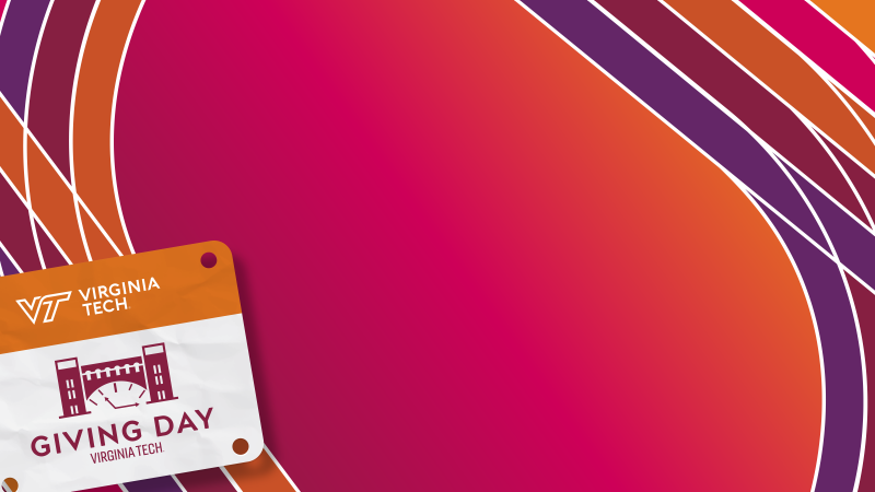Colorful track-like design with a running race-like bib featuring the Virginia Tech and Giving Day logos.
